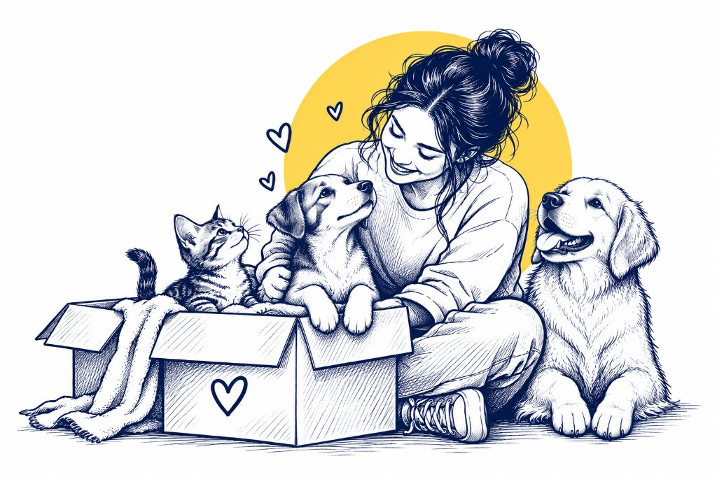 Illustration of a woman with a puppy and kitten in an adoption box and a golden retriever beside her
