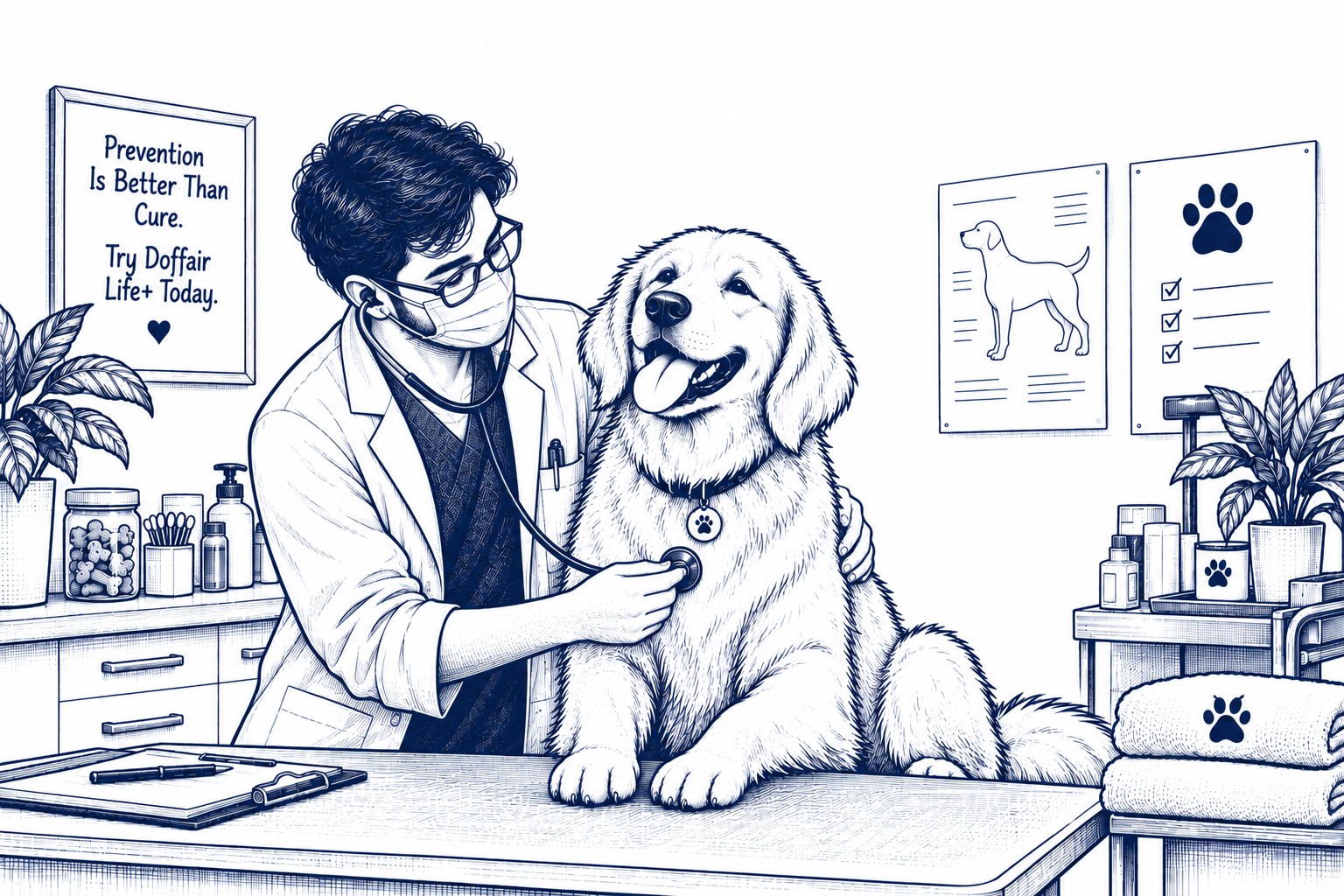 Illustration of a veterinarian examining a golden retriever at a clinic