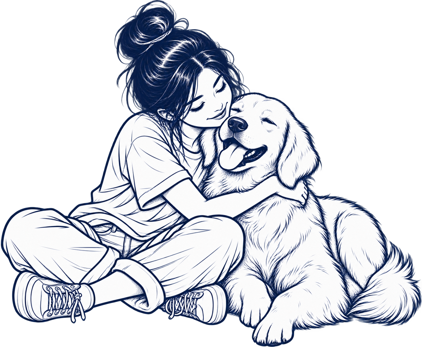 Illustration of a woman cuddling her golden retriever