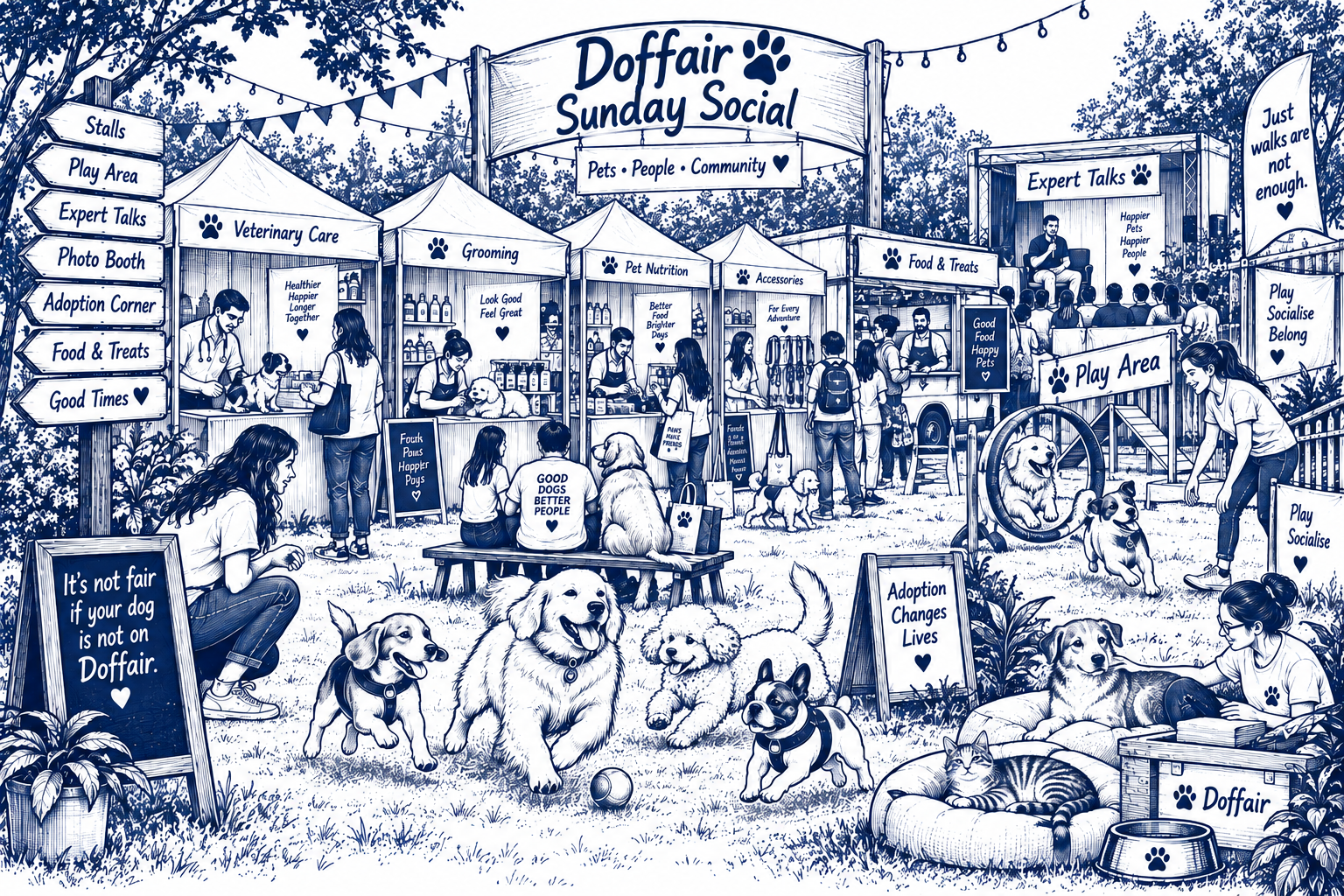 Navy linework illustration of the Doffair Sunday Social — veterinary care, grooming, pet nutrition, accessories, food and treats stalls, a play area, expert talks and an adoption corner, with dogs and people celebrating together