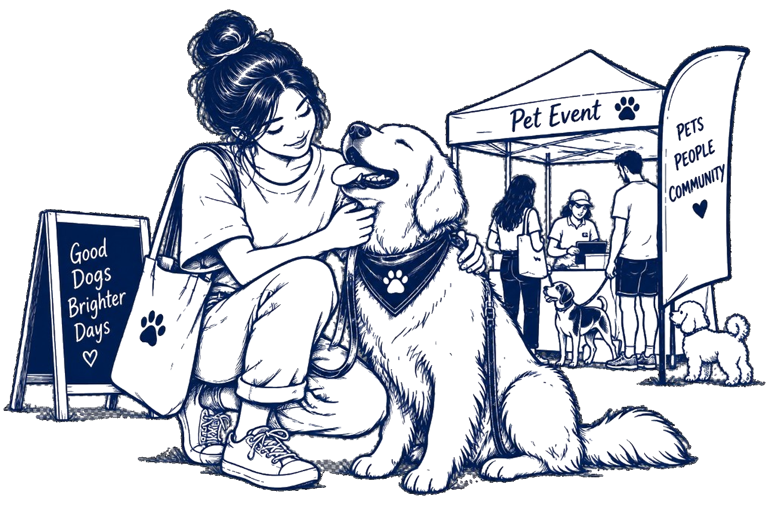 Illustration of a woman with her golden retriever at a pet event with stalls and the community