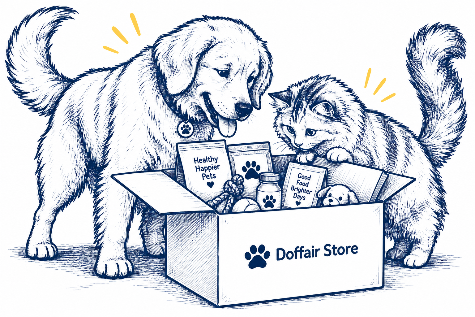 Illustration of a golden retriever and a cat discovering a Doffair Store box filled with pet products