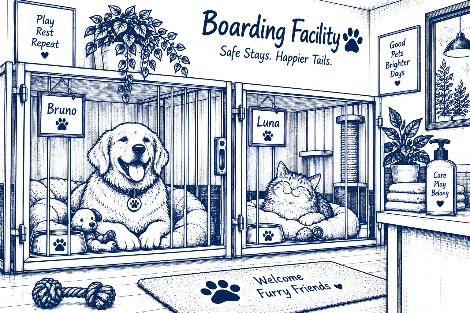 Illustration of a boarding facility with a dog and a cat in cosy kennels