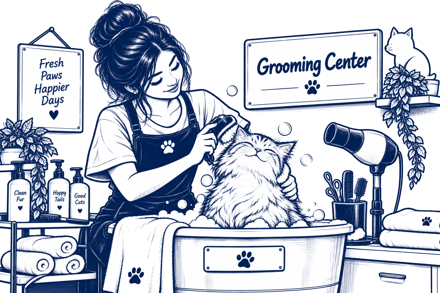 Illustration of a groomer washing a content cat at a grooming centre