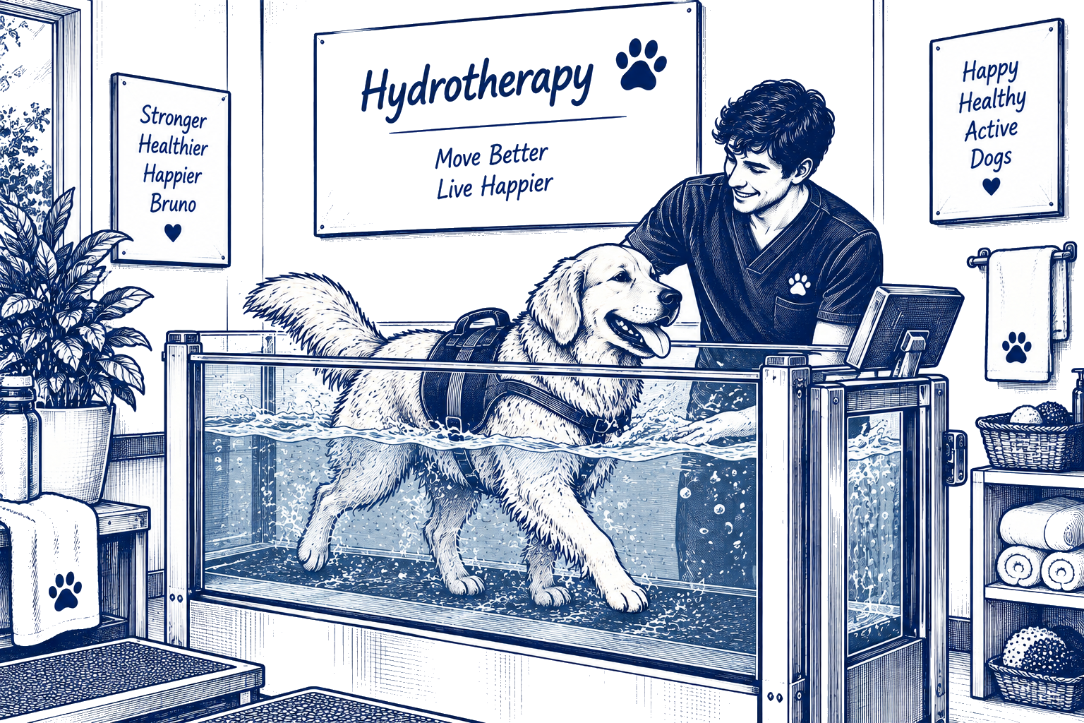 Illustration of a golden retriever walking on an underwater treadmill during hydrotherapy