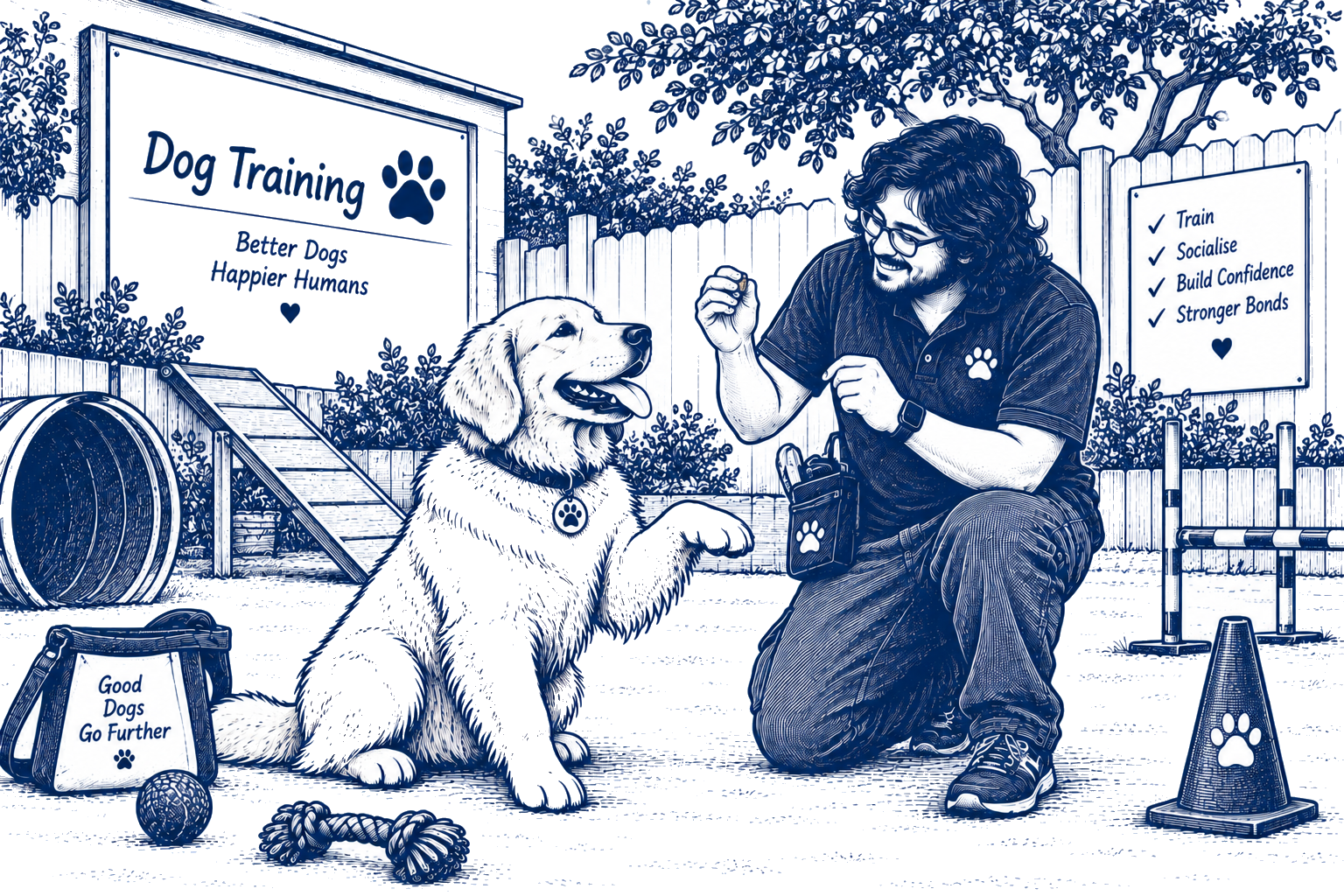 Illustration of a trainer rewarding a golden retriever during dog training