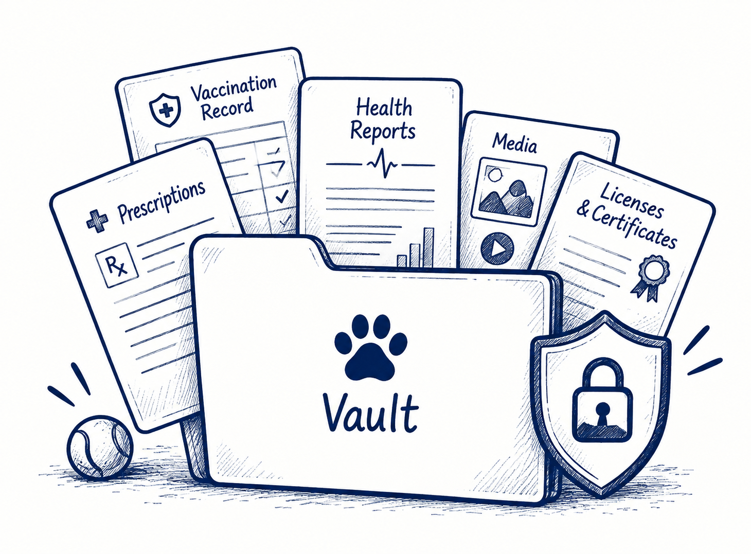 Illustration of a folder labelled Vault holding vaccination records, prescriptions, health reports, media and licences, guarded by a security shield